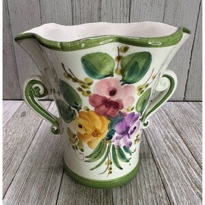 Vtg Painted Floral Vase From Italy FTD Green Trim With Flowers 5.5" Tall Decor